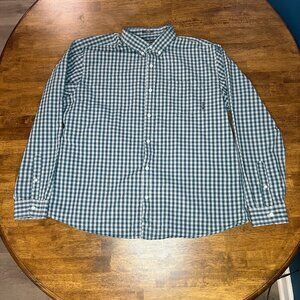 Eddie Bauer Classic Fit Green/White Checked Long Sleeve Button Up XL 100% Cotton